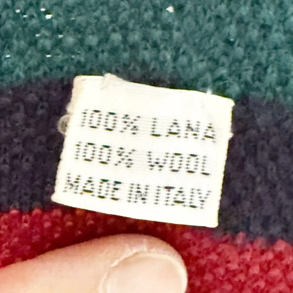 Vtg Square Knit Neck Tie Red Navy Pine Green Striped 100% Wool Made Italy